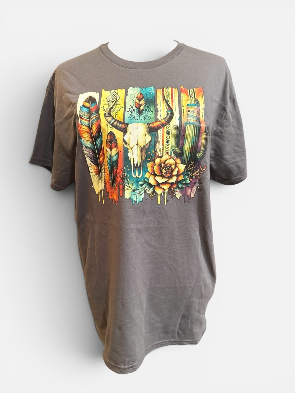 Unisex Graphic Western Skull & Cactus T-Shirt - Gray